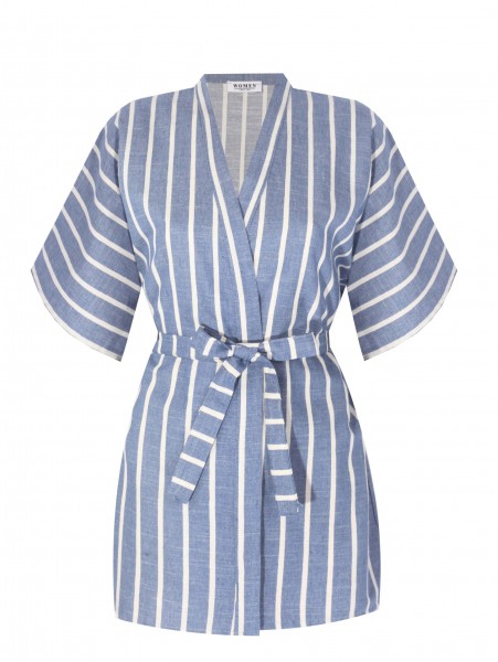 Mavi Beyaz Çizgili Kimono Üst