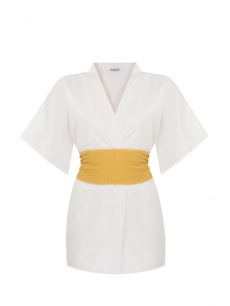 Sarı Kuşaklı Beyaz Kimono Üst