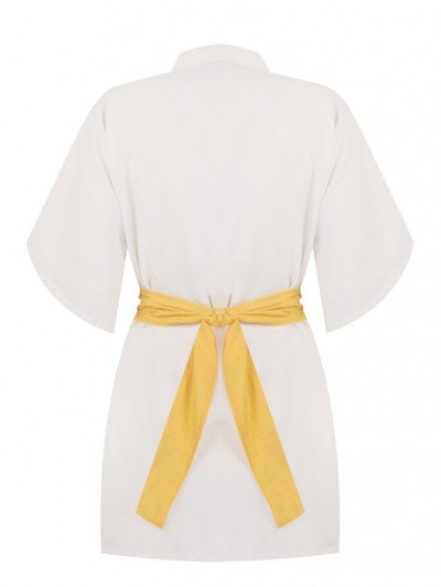 Sarı Kuşaklı Beyaz Kimono Üst