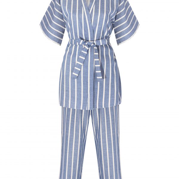 Mavi Beyaz Çizgili Kimono Takım