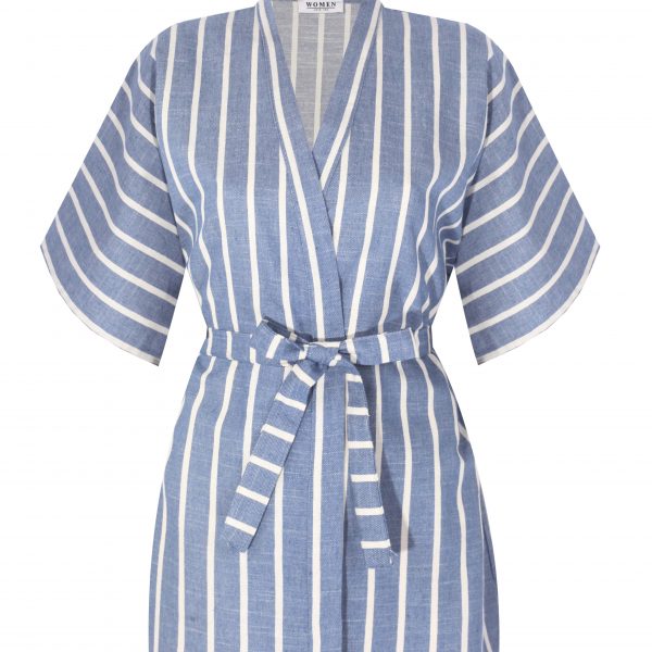 Mavi Beyaz Çizgili Kimono Üst