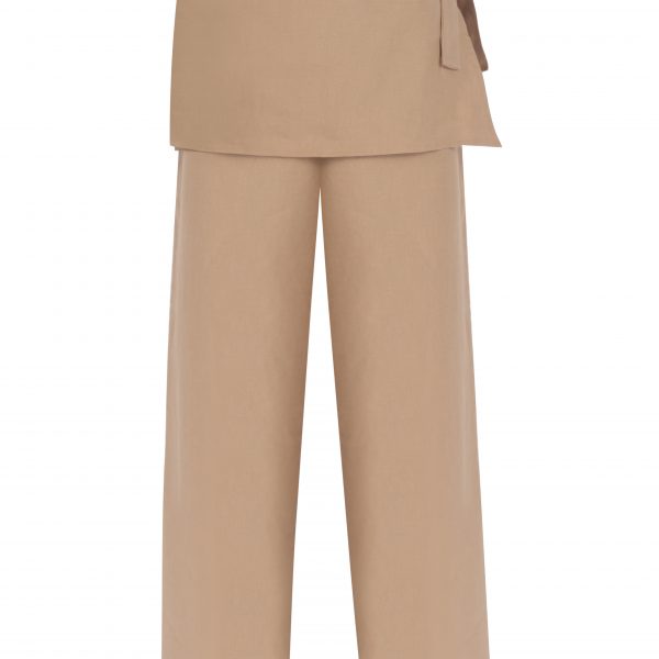 Önden Katlamalı Belden Bağcıklı Bej Pantolon