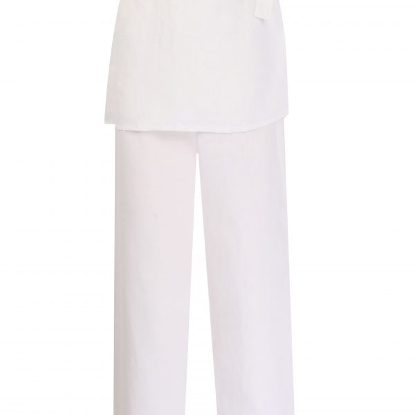 Önden Katlamalı Belden Bağcıklı Beyaz Pantolon