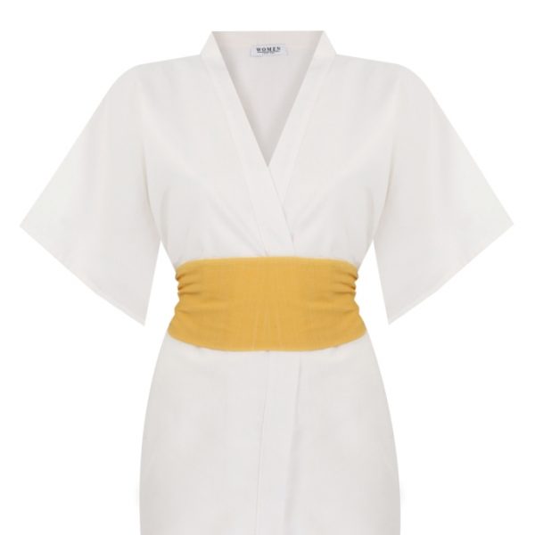 Sarı Kuşaklı Beyaz Kimono Üst